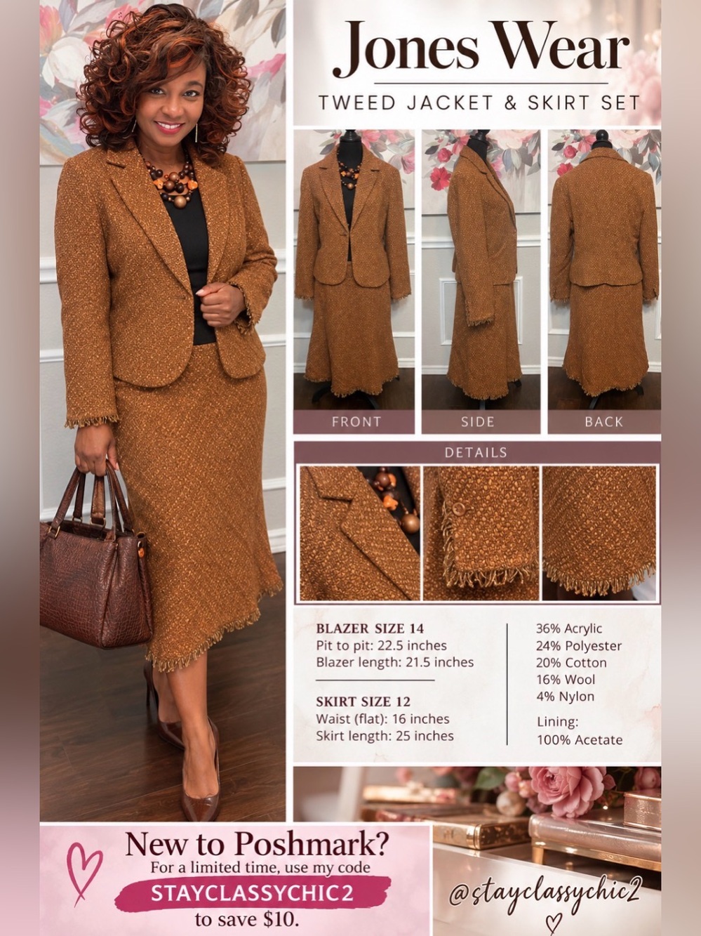 Jones Wear Tweed Jacket & Skirt Set (see description for sizing)